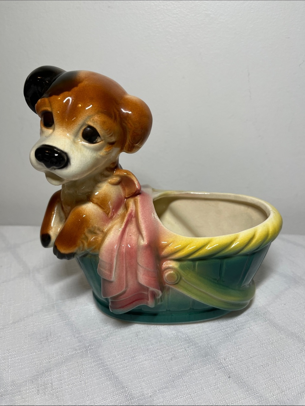 Royal Copley ceramic puppy-in-basket planter from the 1950s
Collectible